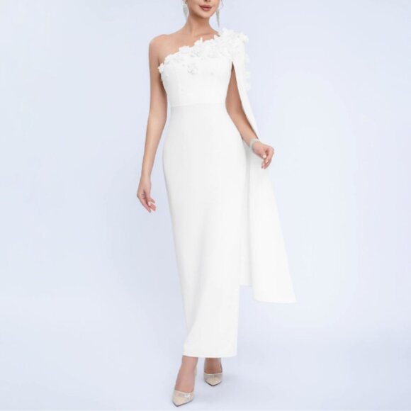New White Satin Flower Cape Sheath Evening Reception Gown Emphasizes - Picture 1 of 4